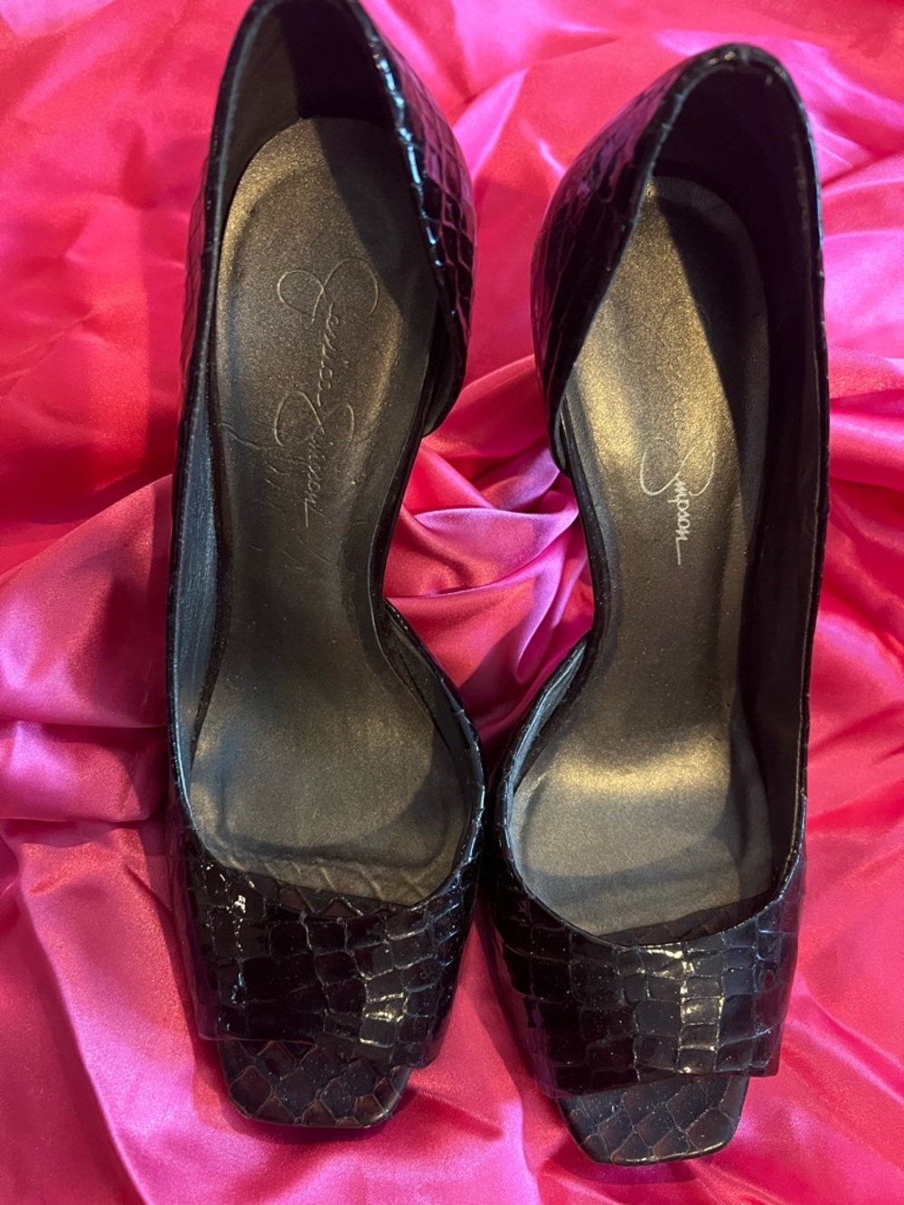 Jessica Simpson Brown Croc-Embossed Peep Toe Heels